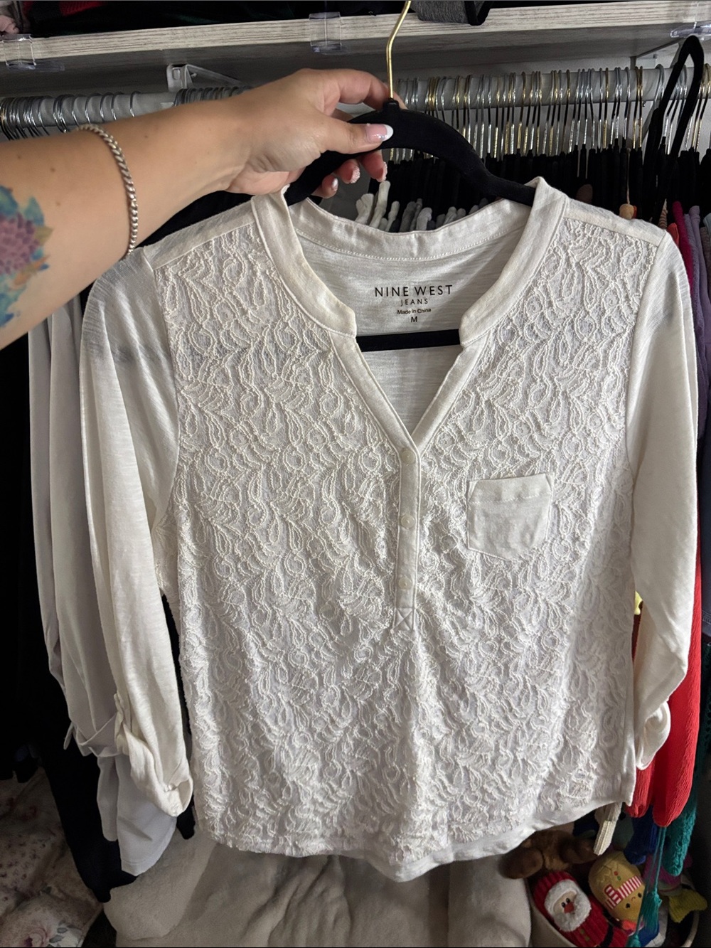 Nine West Cream Lace-Front Henley Tunic
